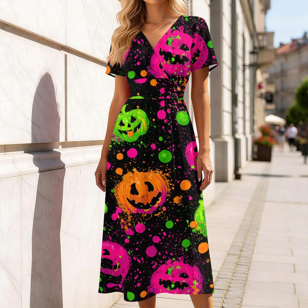 Women's Casual Halloween Print Dress V-Neck Short Sleeve for Party and Daily Wear