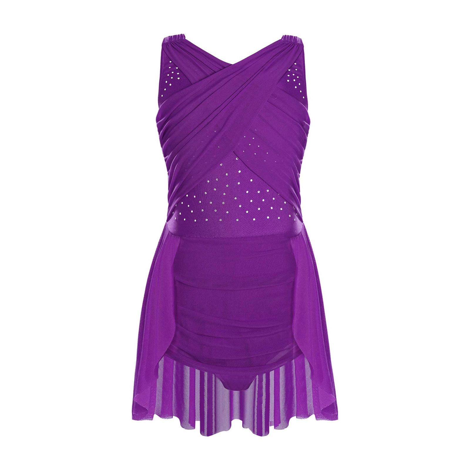 

Дівчаче ліричне танцювальне плаття Перехресна сітчаста накладка Виріз на спині Блискучі стрази Нерегулярний поділ Сукня для фігурного катання 13-14 Years фіолетовий
