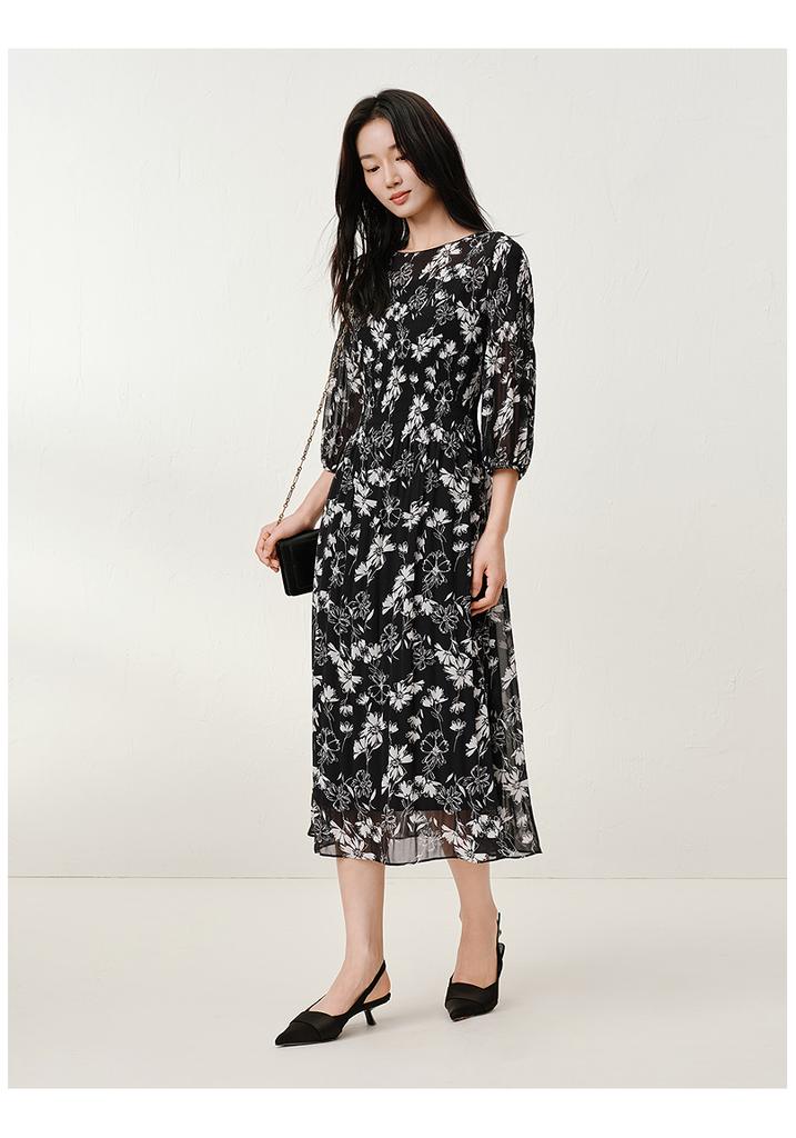 Jiuzi Anna Kou Elegant Artistic Sense Floral Pleated Chiffon Long Goddess Dress