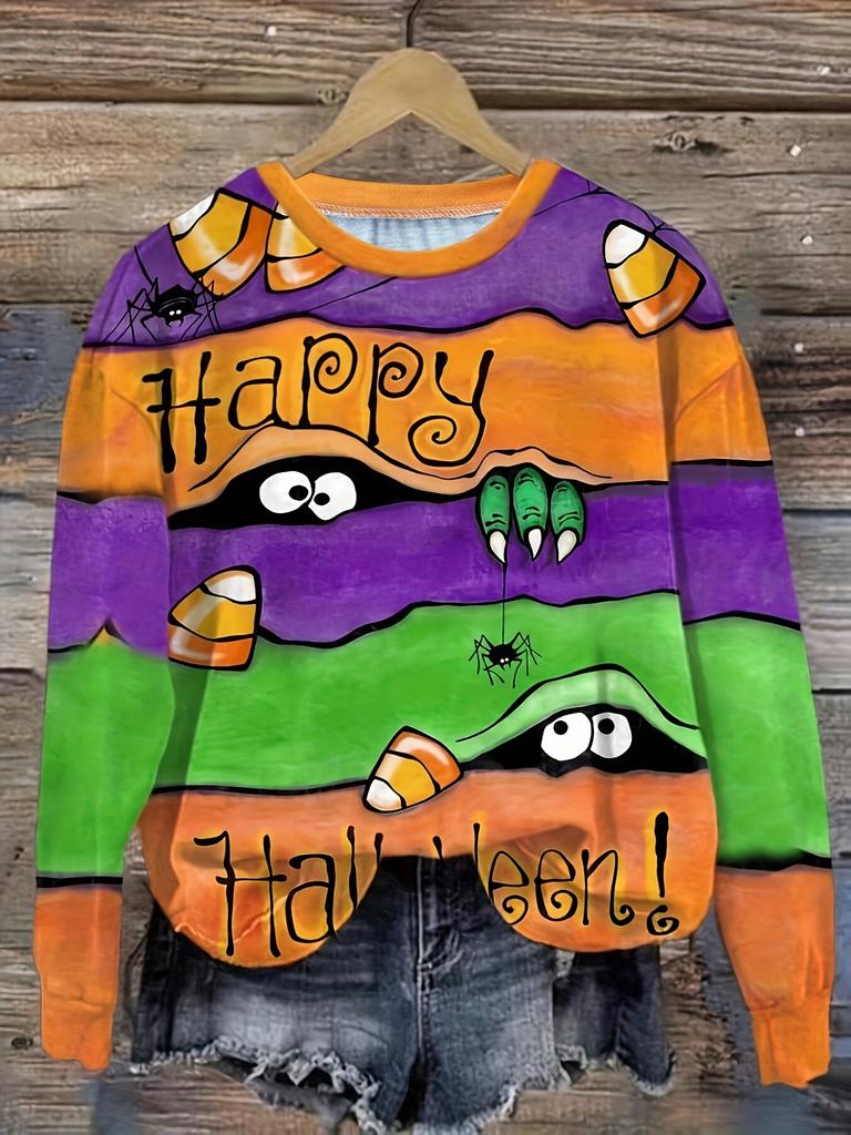 Vintage Women's Long Sleeve T-shirts Halloween Theme Witch Pattern Streetswear Polyester Tops Casual Pullover Women's Clothing