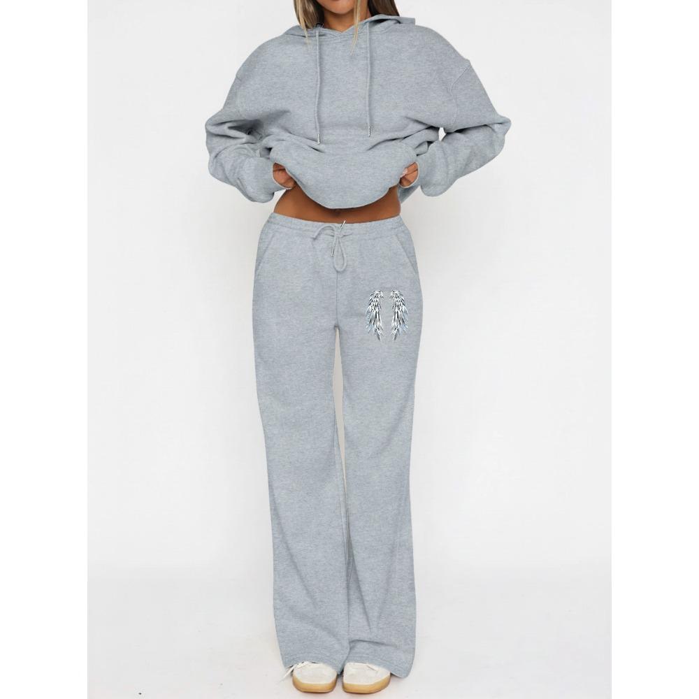 Casual Women's Suit with Interesting Printed Patterns, Fashionable Hooded Sweatshirt and Wide Leg Pants Set