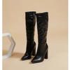 Sexy Pointed Toe Side Long Zipper Knight Boots Fashion Soft Leather Knee-high Women Boot Square High-heeledclub Dance Party Shoe