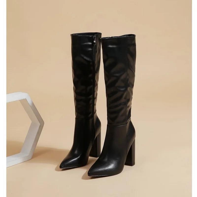 Sexy Pointed Toe Side Long Zipper Knight Boots Fashion Soft Leather Knee-high Women Boot Square High-heeledclub Dance Party Shoe
