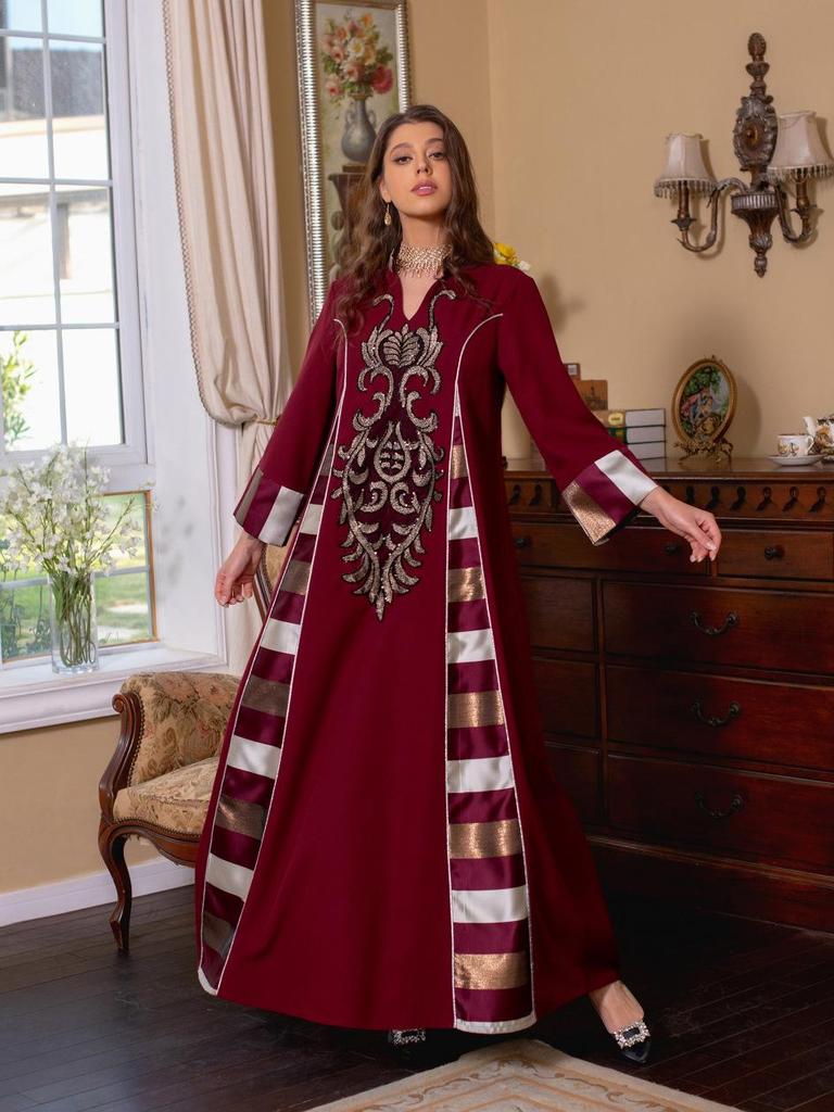 AB052 Women's Embroidered Striped Abaya - Middle East Arabic Muslim Robe