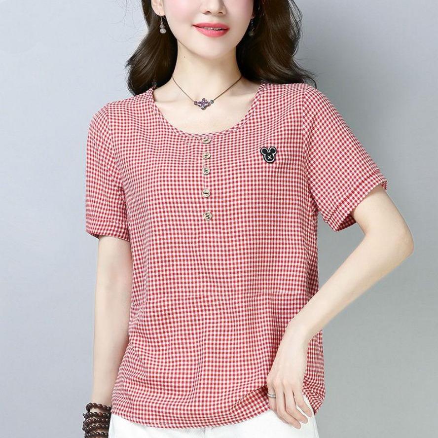 YYFS Women's Fashion Casual Summer Spring Plaid Print Short Sleeve O-Neck Blouses & Shirts