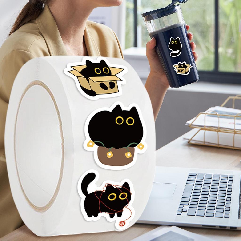 500PCS Ten Different Patterns Black Cat Roll Stickers Small Pattern Decoration DIY Luggage Skateboard Water Cup Stickers