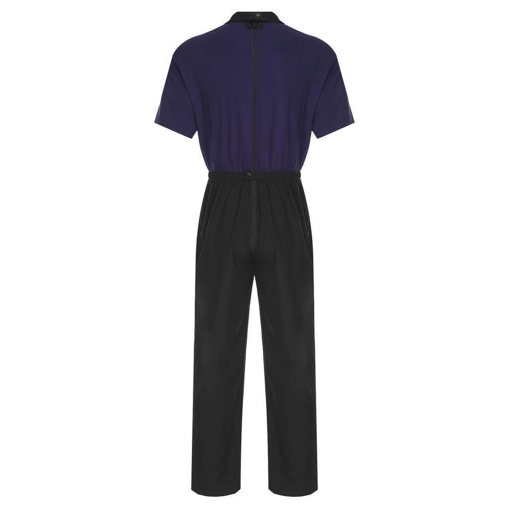 Mens Adaptive Anti-Strip Jumpsuit Lapel Short Sleeve Back Zip-up Pants Leg Zip One-piece Romper for Elderly Patient Care