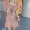 New Sweet Spice Girls Bubble Sleeves Pink Small Temperament Short Skirt Dress Women's Summer French First Love