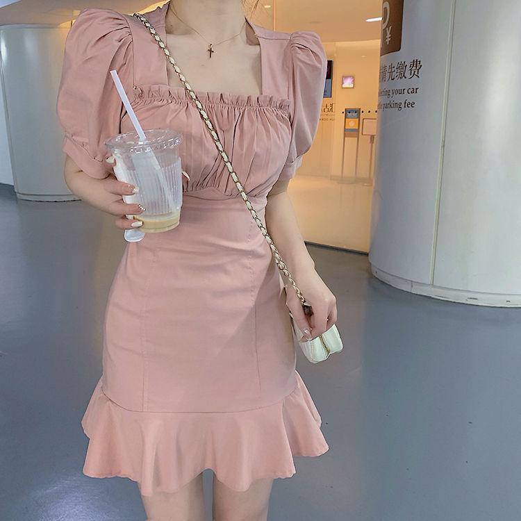 New Sweet Spice Girls Bubble Sleeves Pink Small Temperament Short Skirt Dress Women's Summer French First Love