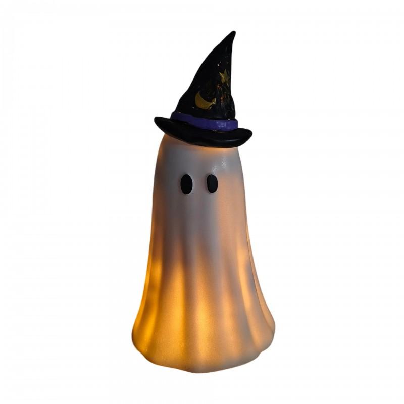 Halloween Resin Witch Hat Ghost Decor With LED Light Battery Operated Tabletop Ornament Festive Party Prop