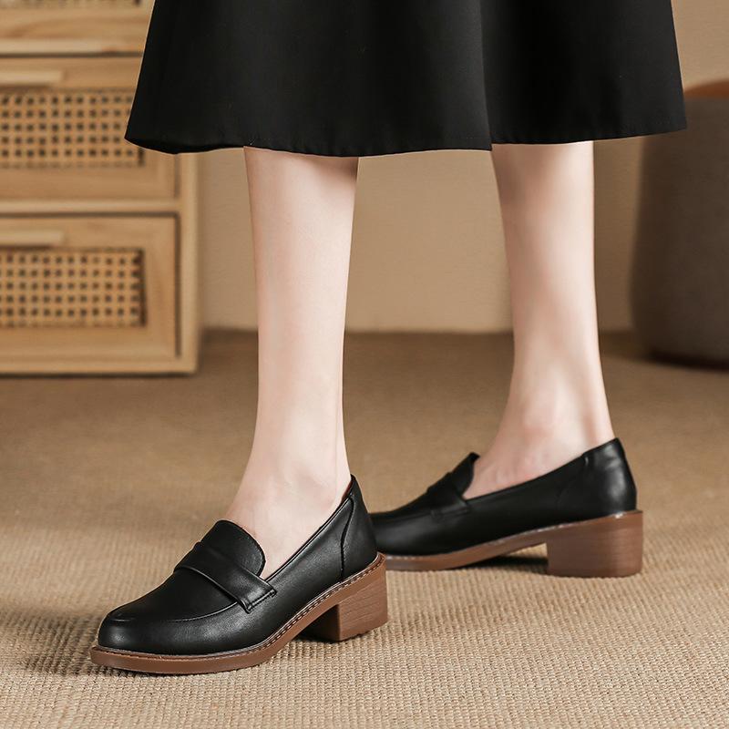 

Осенние туфли на толстом каблуке, простые, с мягкой подошвой, из цельной кожи, одинарные, для повседневной носки с юбкой, женская обувь, бесшумные кожаные туфли на четырехсантиметровом каблуке 40