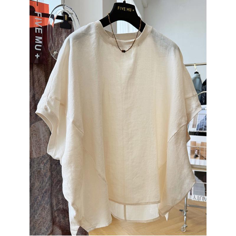 Women s Cotton & Linen Batwing Sleeve Top - Loose, Round Neck, Short Sleeve, Stylish Casual Blouse XL абрикосовый