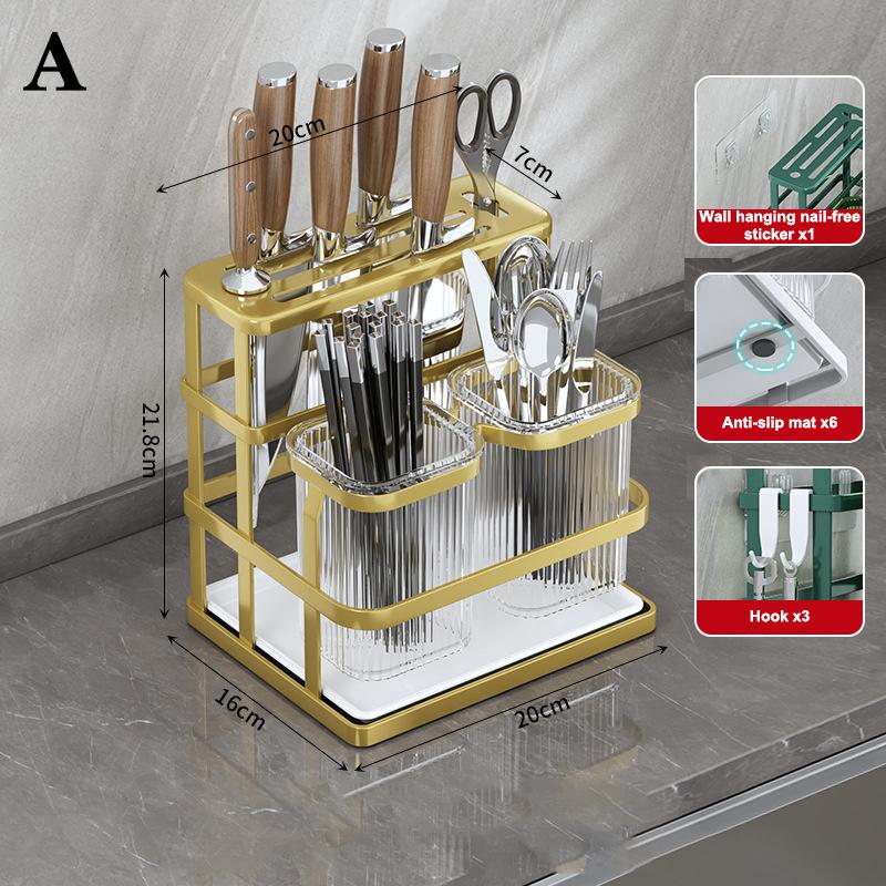 Wall Mounted Kitchen Cutlery Organizer Knife Spoon Fork Chopstick Drain Rack Drainer Utensil Kitchen Storage Punching Free