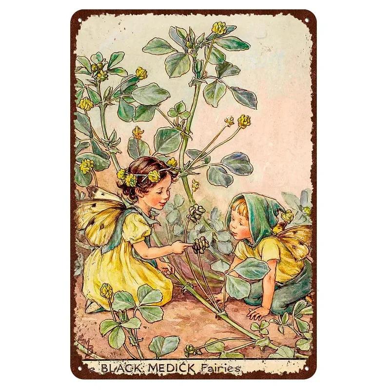 Flower Fairy Girl Metal Tin Signs Wall Decoration Plaque Vintage Art Poster Iron Painting for Man Cave Home Cafe Garden Club Bar