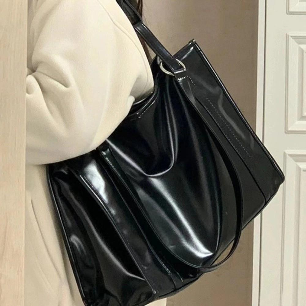 College Student Black Tote Bag Underarm Bag Large Handbag Trendy PU Leather Shoulder Bag  Shopping