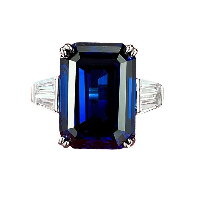 Luoxi Temple 2023 S925 Silver Simulated Emerald Cut Royal Blue Ring