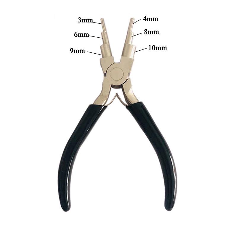 Six-Step Jewelry Wire Pliers Set: Round Nose, Needle Nose, 6-Step Loop, Bent Nose, and Nylon Pliers.