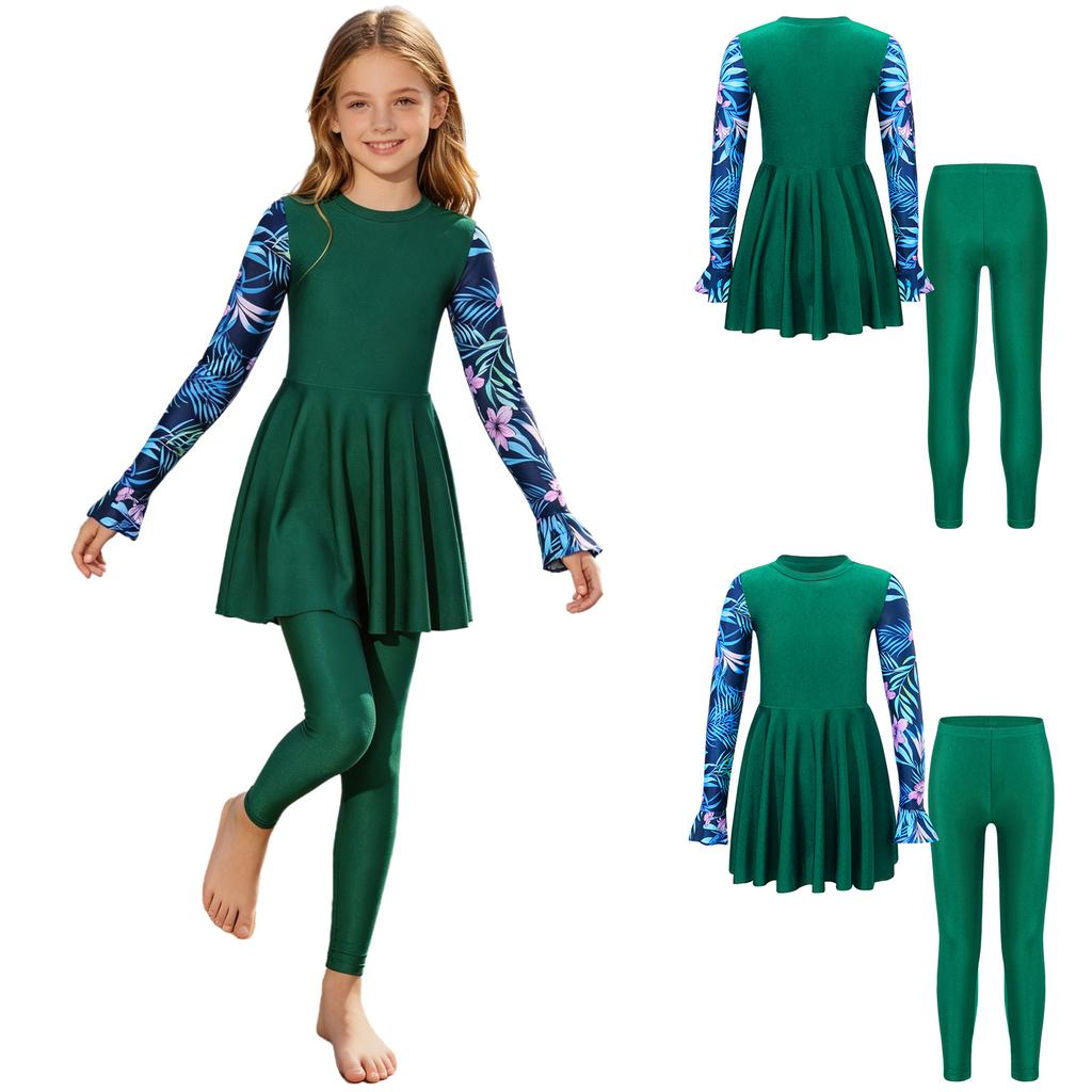 Kids Girls Two Piece Swimsuit Set Long Sleeve Floral Print Short Dress with Pants Rash Guard for Pool Beach Summer Swim