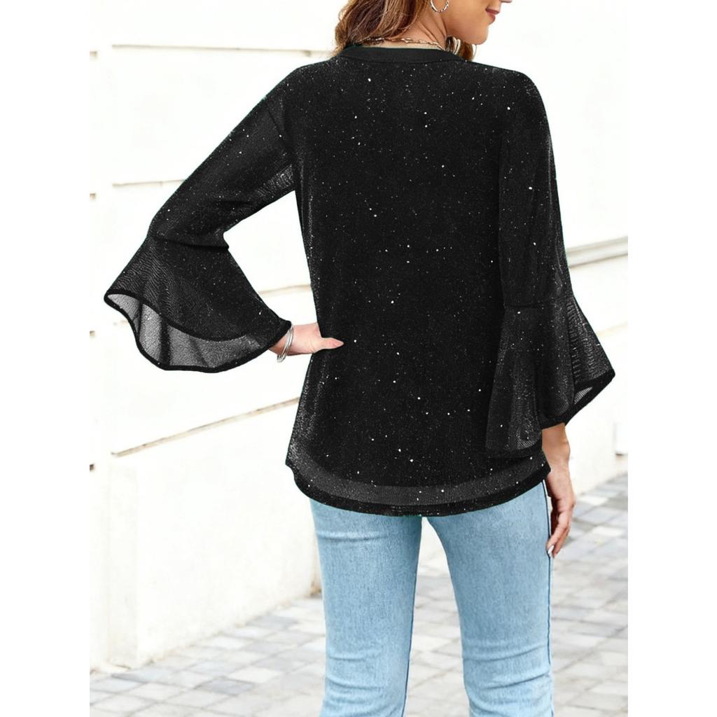 Frühling Sommer Pailletten Rundhals Bluse Top, Beliebtes Freizeithemd für Damen, Heißer Verkauf in Europa & Amerika