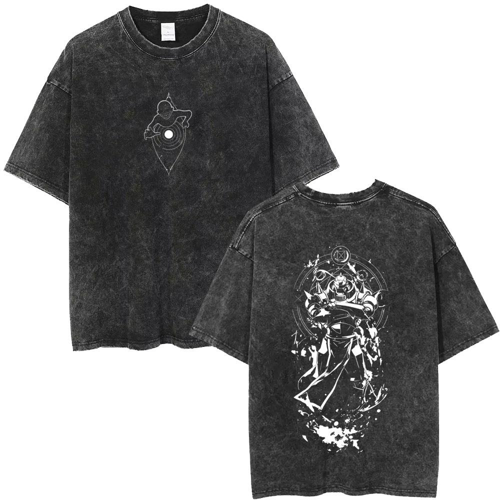 Camiseta Gráfica Lavada Vintage Anime Fullmetal Alchemist Edward Elric y Alphonse Elric para Hombre Mujer Manga Verano Retro Camisetas