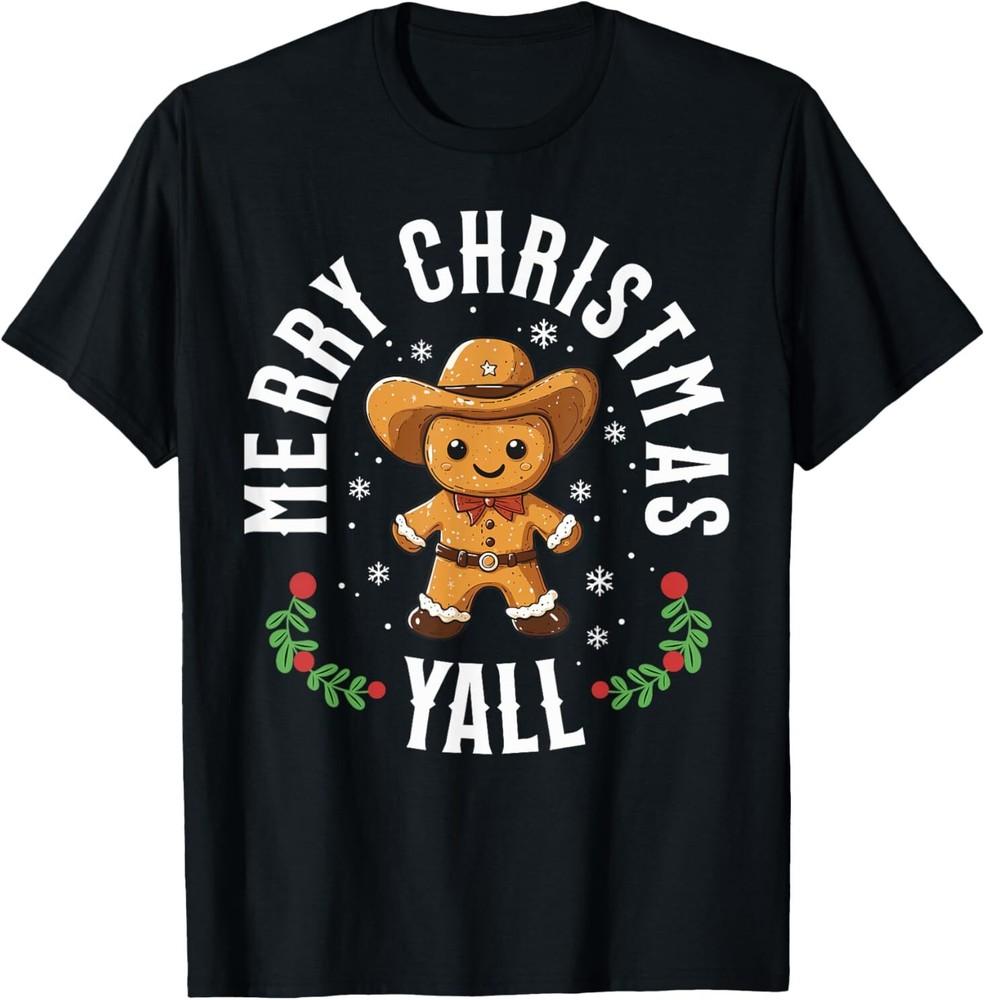 

Merry Christmas Yall Gingerbread Cowboy Howdy Western Xmas T-Shirt M