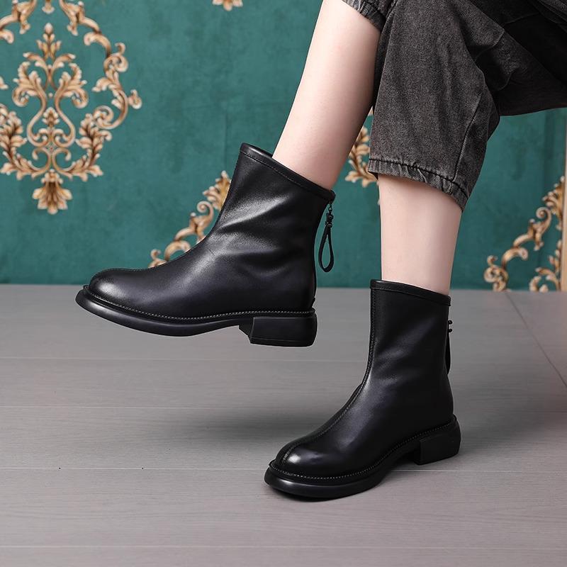 British Style Women's Genuine Leather Martin Boots, Autumn/Winter 2025 Vintage Brown, Non-Slip Fleece-Lined Flat Ankle Boots.
