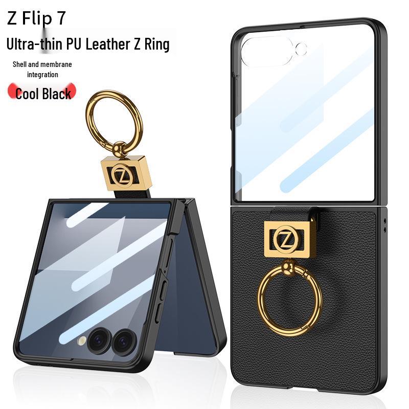 Samsung Z Flip7 Ultra-Thin Premium Leather Ring Case - Elegant, Solid Color Protective Cover