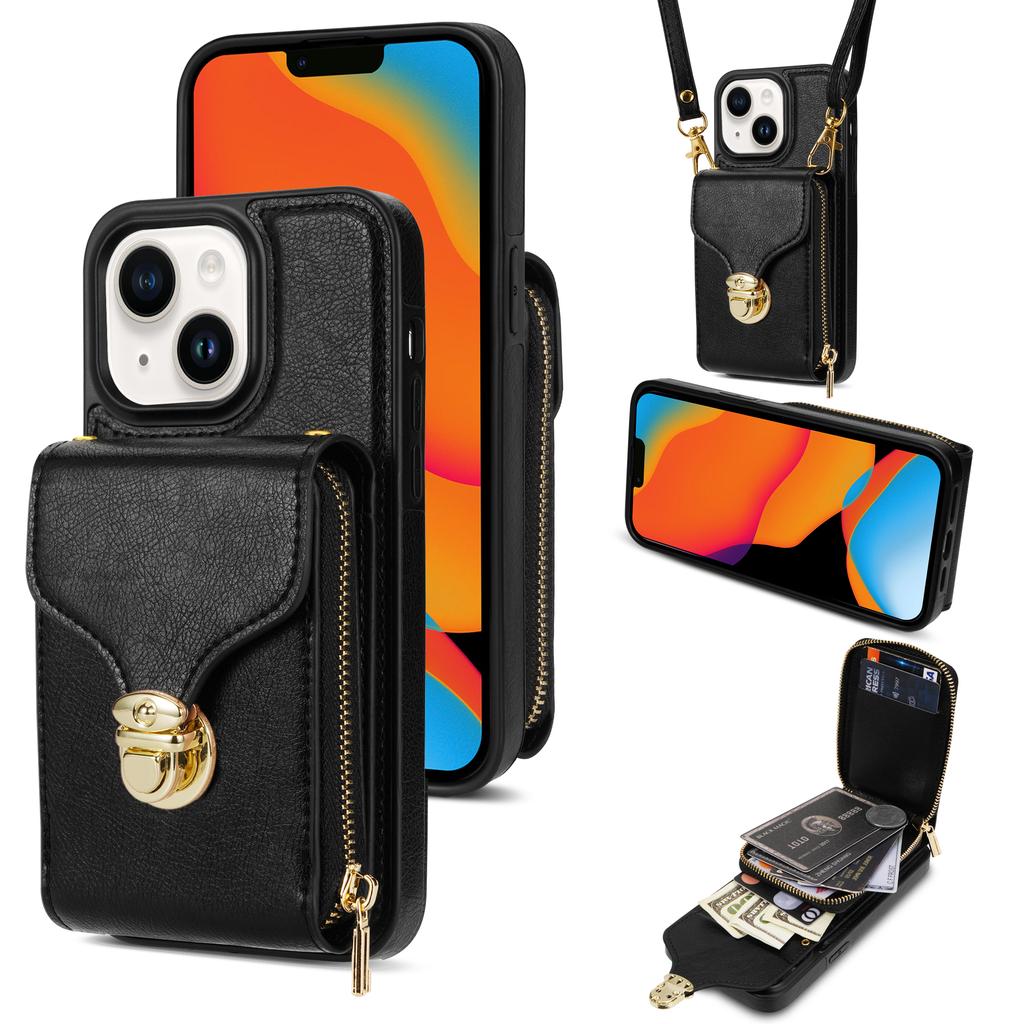 For iPhone 15 Card Slot Phone Case PU Leather Coated TPU Zipper Pocket Kickstand Cover with Shoulder Strap