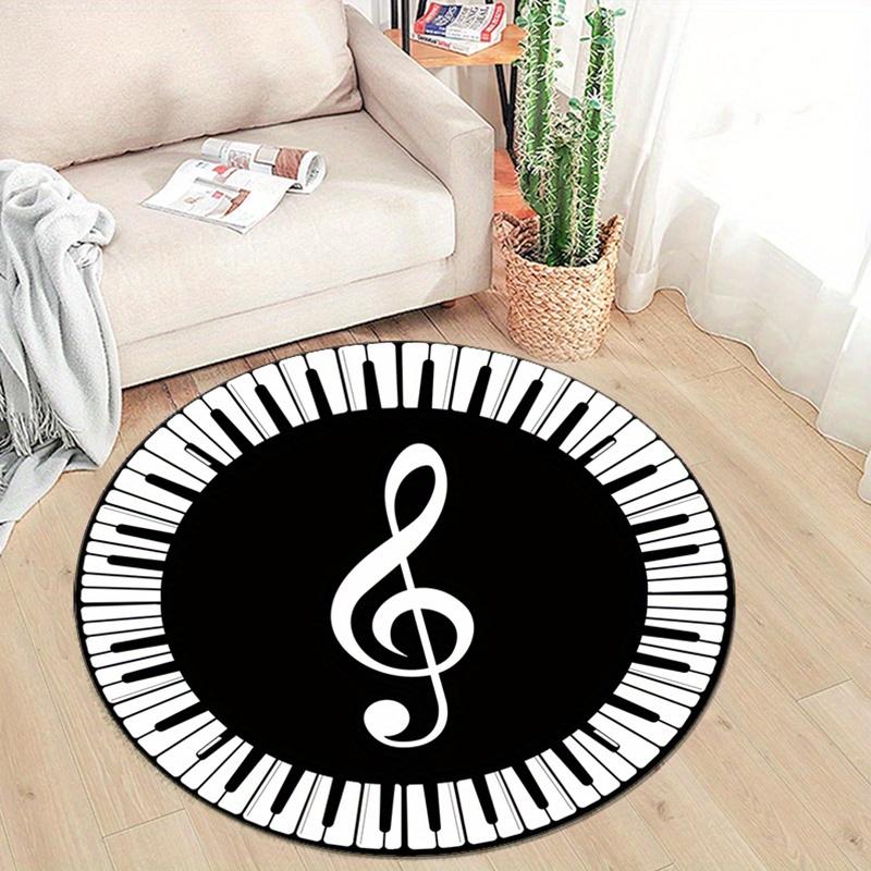 Plush Crystal Velvet Round Area Rug with Piano Notes & Treble Clef Design - Non-Slip Home Decor Carpet for Bedroom, Living Room, or Music St