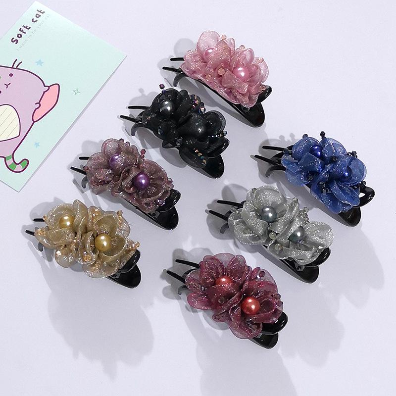 Korean Floral Three-Prong Duckbill Hair Clip for Women - Back of Head Styling Accessory