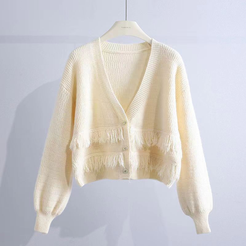 

Дизайнерский свитер с V-образным вырезом и двумя рядами кисточек, осенний, новый, корейский, уникальный, свободный, верхняя одежда, кардиган для женщин one size белый