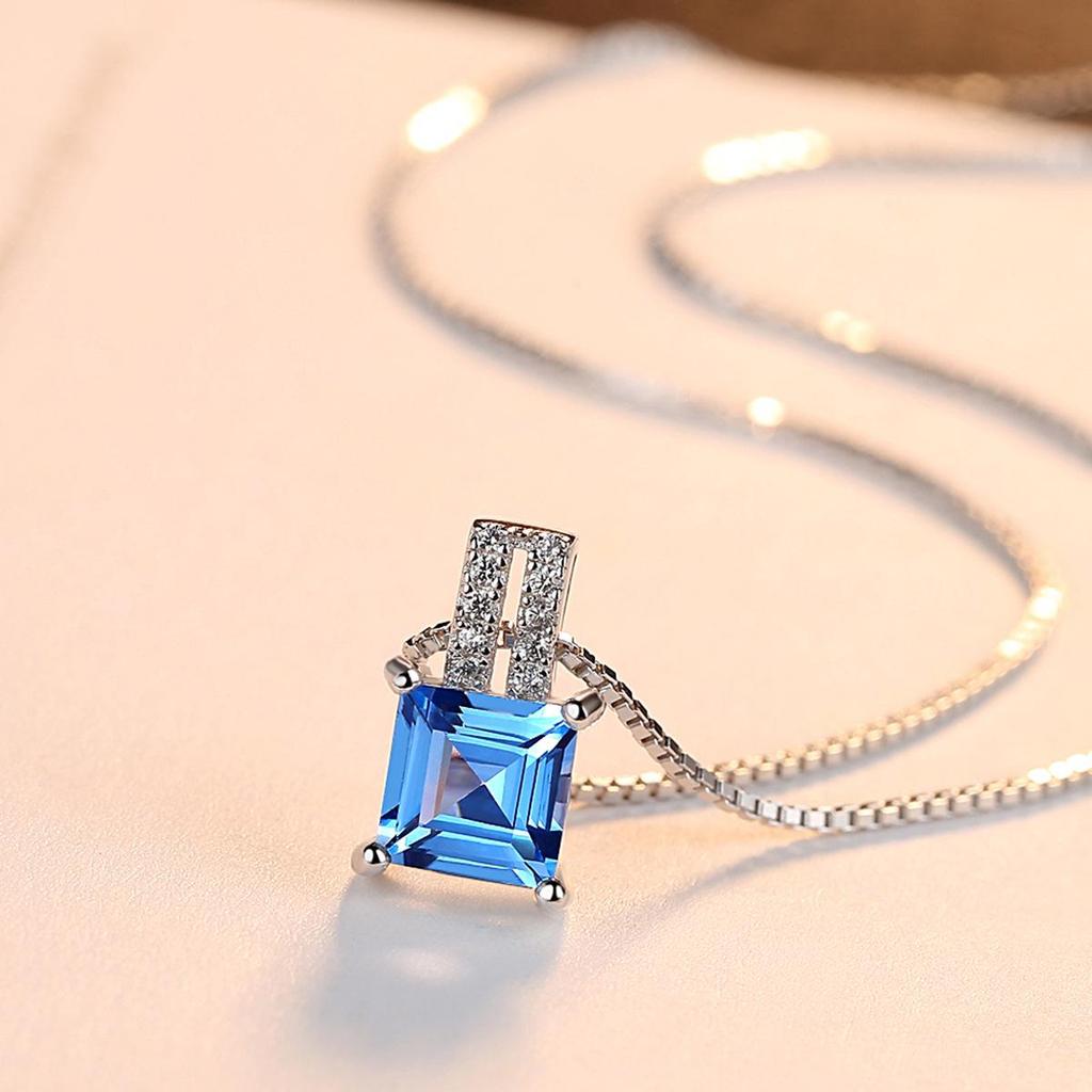 PAG&MAG Sky Blue Gem Pendant S925 Silver Necklace for Women with Box Chain - European & American Fashion Jewelry.