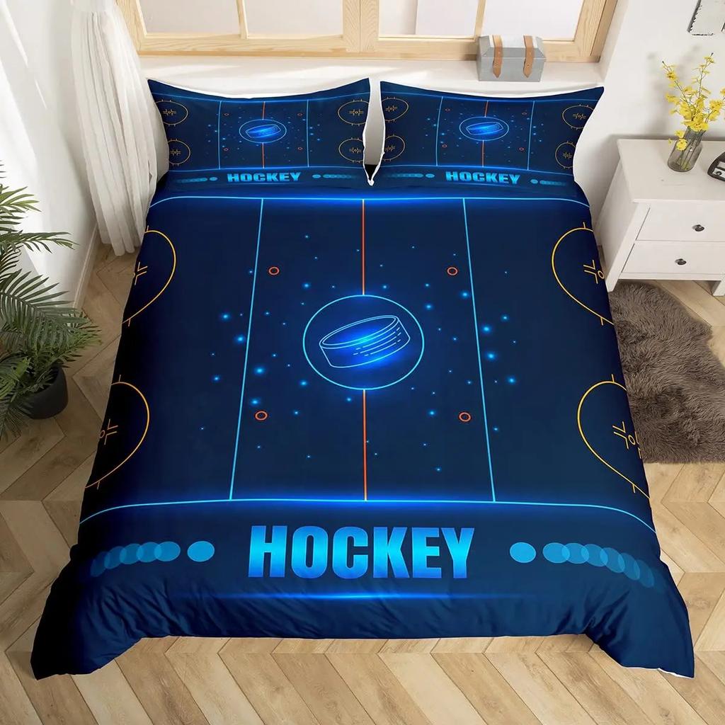 Hockey Duvet Cover Set 2/3pcs Hockey Sports Comforter Cover Polyester Hockey Puck Ball King Queen Size Quilt Cover For Boys
