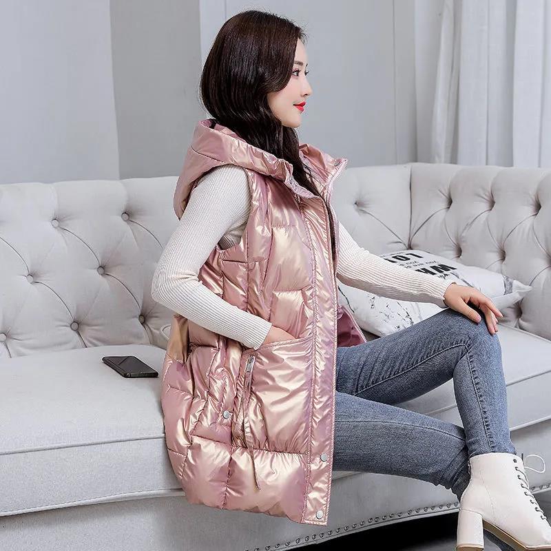 

Глянцевый одноразовый пуховый хлопковый жилет женский средней длины, осенне-зимний толстый стеганый жилет, свободный жилет с капюшоном L