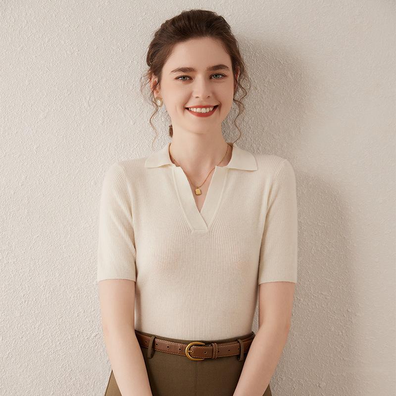 Women's Polo Collar Cashmere Sweater - Slim Fit, Short, Five-Sleeve, Gentle Style for Spring & Autumn.