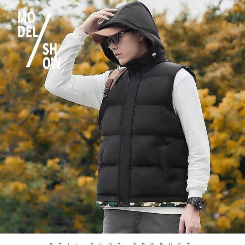 

Осень и зима теплый жилет с капюшоном универсальное свободное пальто мужской однотонный простой модный холодный жилет M чёрный