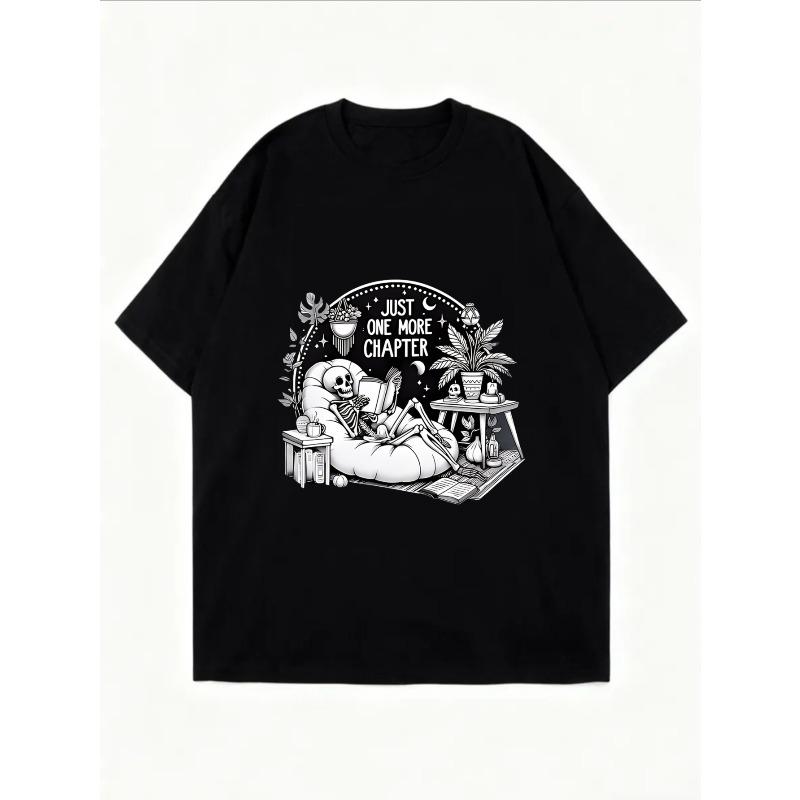 White Oversized T-Shirt With Skeleton Reading Book Print And Just One More Chapter Text For Casual Wear And Book Lovers