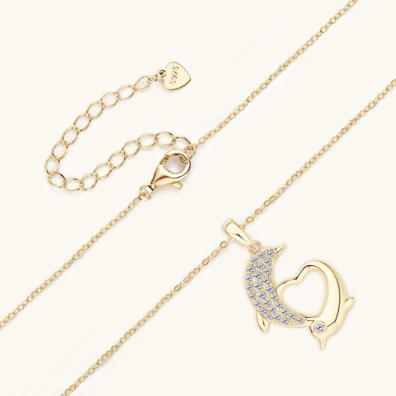 Silvere Glam Border Fashion 10k Genuine Gold Moissanite Dolphin Pendant, Niche Style Collarbone Chain, High-end Design Necklace