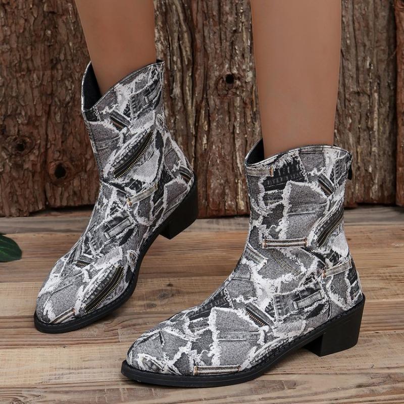 Large size denim splicing medium tube fashion boots autumn and winter new square heel pointed women's boots