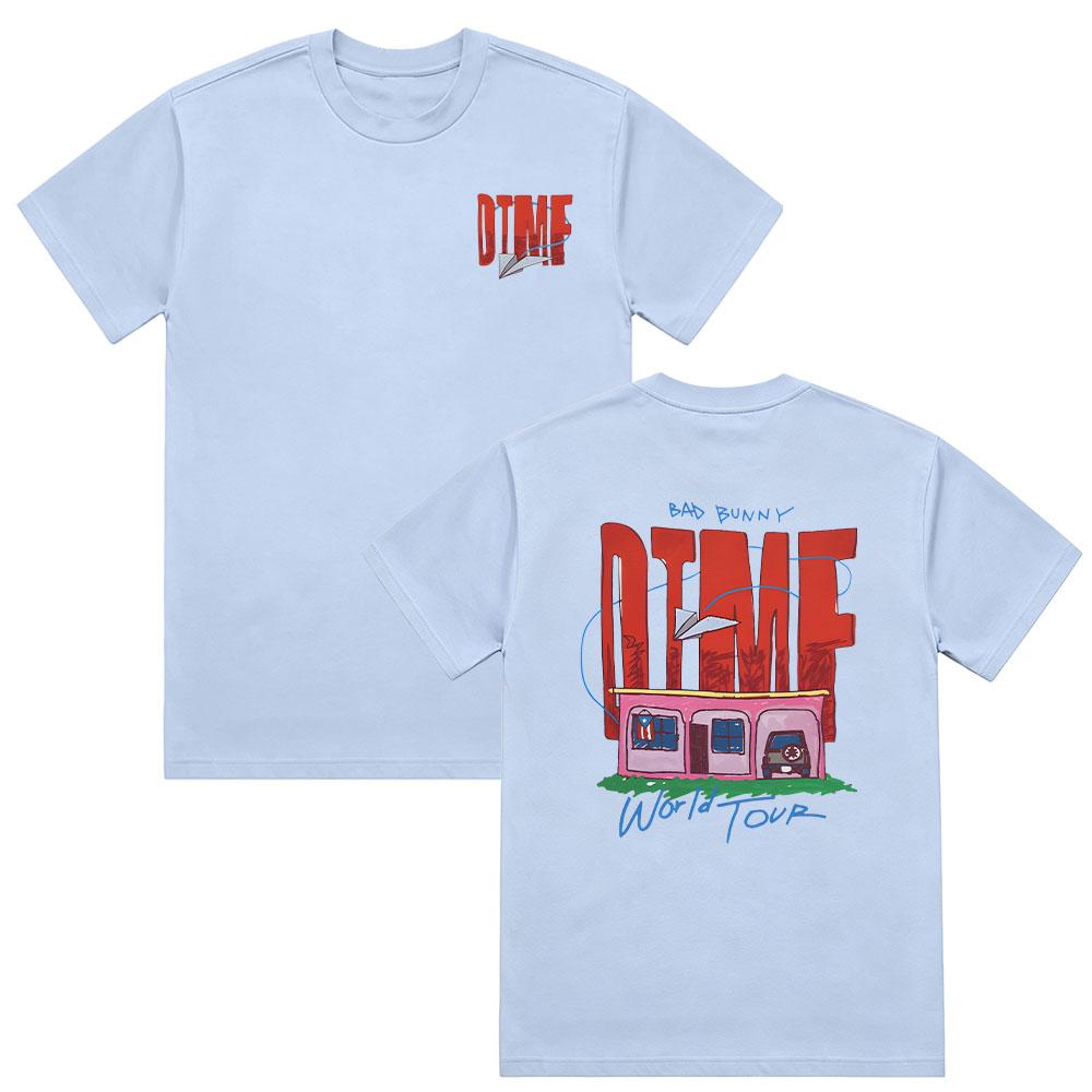 Merchandising Tour DTMF Camiseta Gráfica Gira Mundial Bad Bunny Moda Verano Cuello Redondo Algodón Manga Corta Unisex Casual Camisetas de Alta Calidad L azul claro