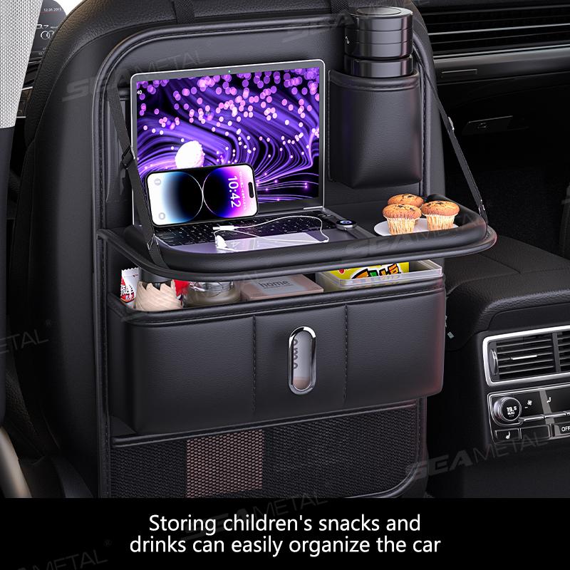 Seametal Multi-Pocket Car Organizer With Foldable Tray All In One Car Seat Back Storage Bag Tissue Holder Anti-Kick Pad For Kids