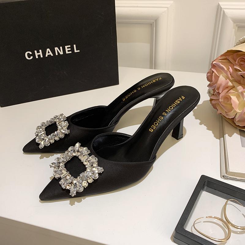 Fashion 2025 Fashion Women's Shoes Closed Toe Women's Slippers Hot Sale Crystal Dress Slippers Women Summer Solid Heels Women Zapatos