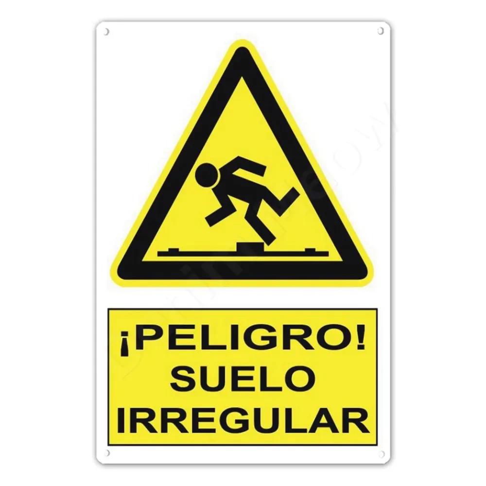 Spanish Warning Sign Danger Metal Sign for Street Yard Bar Workshop Decor Yellow Waterproof Caution Signs Outdoor Indoor