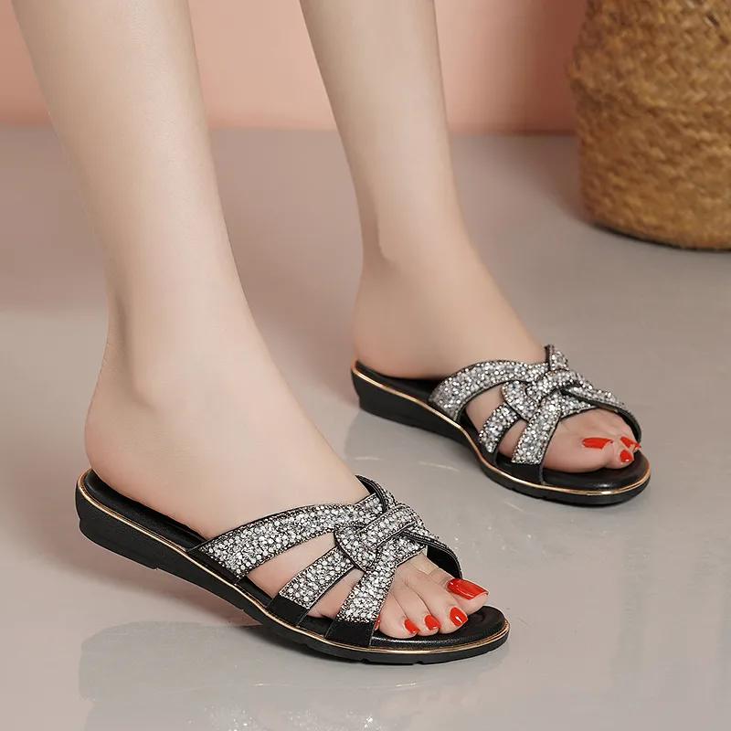 Fashion GKTINOO 2025 Summer Fashion New Sexy Casual Comfortable Slides Shoes Crystal Sandals Open Toe Flat Heel Slippers Zapatos Mujer