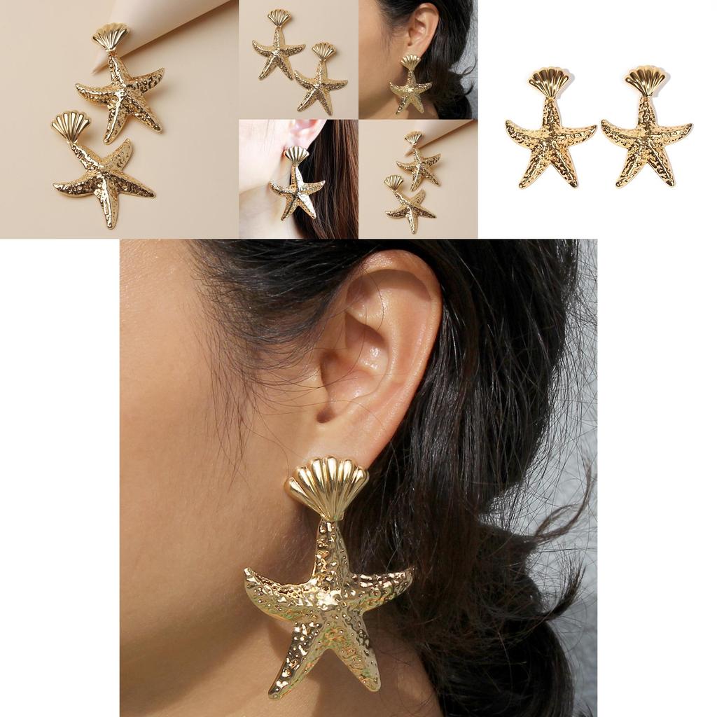 Gold Fashionable Shell Starfish Design Women Metal Earrings For Beach Summer