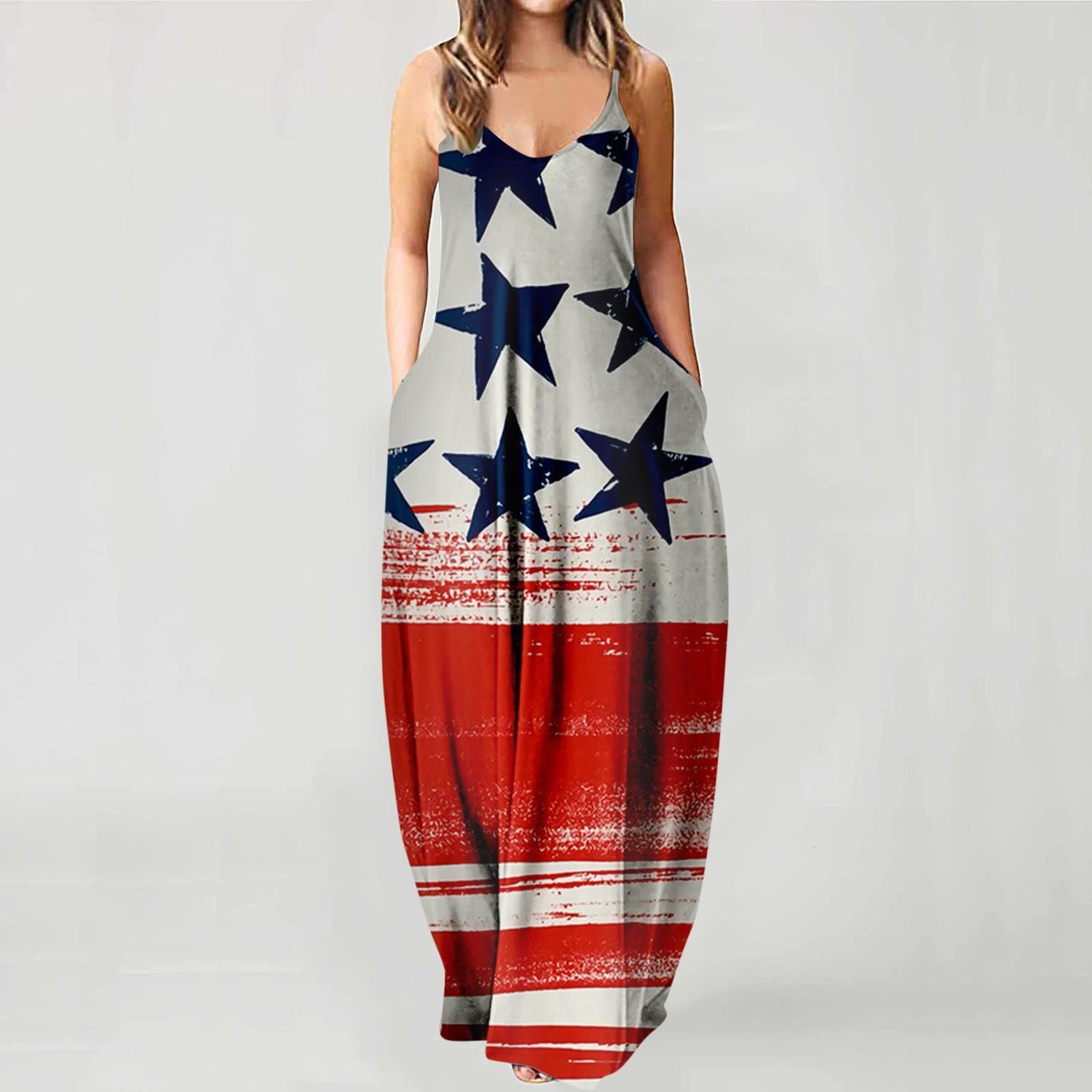 Women s Sexy Sleeveless  American Flag Print Backless Dress Dress M