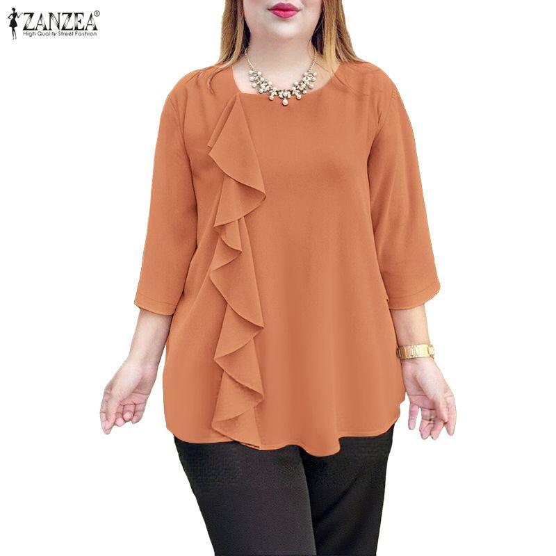ZANZEA Women Casual Round Neck Loose 3/4 Sleeve Blouse