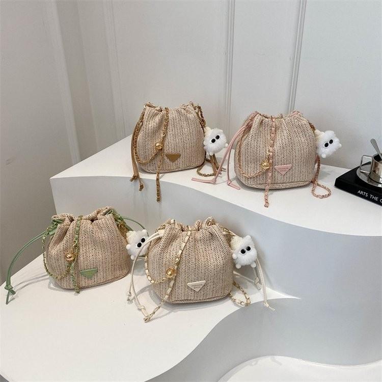 Mini Cute Womens Bucket Bag Trendy Woven Floral Design Phone Holder In Soft Polyester