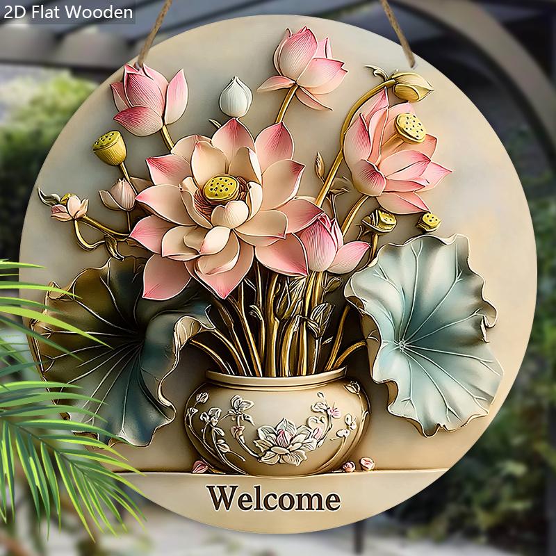 Rustic Lotus Bonsai Wooden Welcome Sign - Artistic Decorative Hanging Plaque - Ideal Home Hanging Ornament