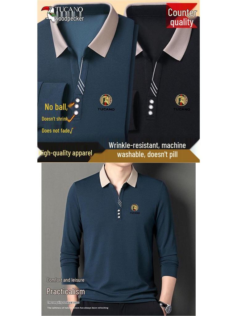 Woodpecker Men's Long-Sleeve Solid Color Polo Shirt with V-Turn Collar for Spring and Autumn.